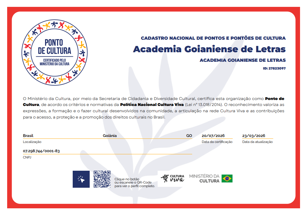 Certificado de Ponto de Cultura do Ministério da Cultura - Academia Goianiense de Letras